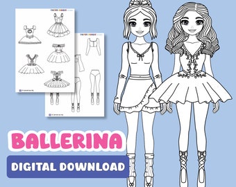Ballerina Paper Doll Coloring Pages: Printable Ballet Dress-Up (Digital Download)