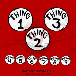May include: A red background with white circles featuring the text "THING" and numbers 1 to 9 in a playful font. The design is reminiscent of a children's book illustration, with a bold, cartoonish style.