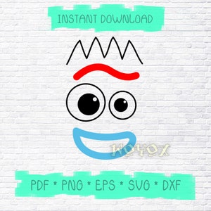 May include: A digital download graphic featuring a cartoon face with black zig-zag hair, a red curved line, two black and white eyes, and a blue smile. The words "INSTANT DOWNLOAD" and file type options are also included.