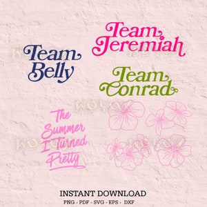 Op de afbeelding: Een digitale download van vijf afbeeldingen met tekst en bloemmotieven. De tekst omvat "Team Belly", "Team Jeremiah", "Team Conrad" en "The Summer I Turned Pretty". De bloemmotieven zijn roze en wit.