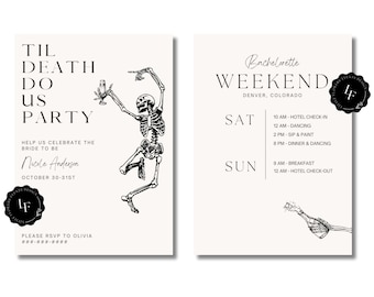 Pode incluir: Dois convites para um fim de semana de despedida de solteira em Denver, Colorado. O convite da esquerda apresenta um esqueleto segurando uma taça de champanhe com o texto "Til Death Do Us Party" e o nome da noiva, Nicole Anderson. O convite da direita tem uma programação de eventos para sábado e domingo, incluindo dançar, pintar e tomar café da manhã.