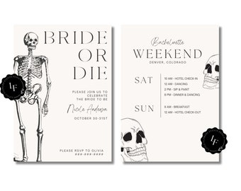 Bride or Die Bachelorette Invite and Itinerary | 5x7" Customizable Canva Design | Halloween Bachelorette Theme