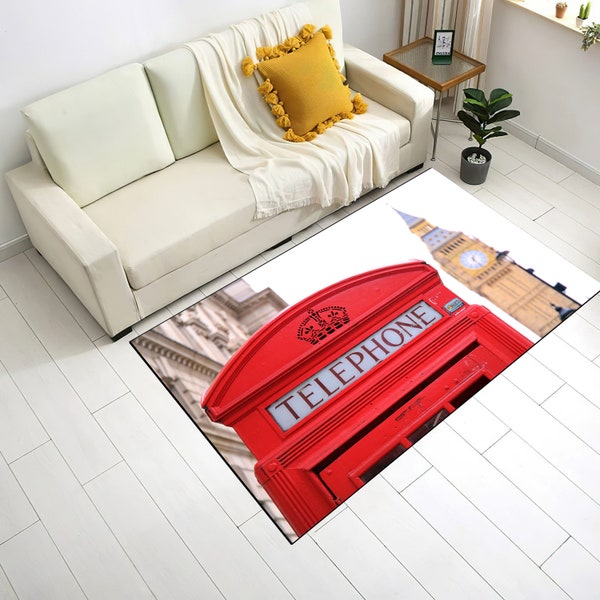 London Telephone Box Painting Rug, London City Rug, London Rugs, View Rug, Thin Rug, Home Decor Rug, Personalized Gift, Office Decor Rug,