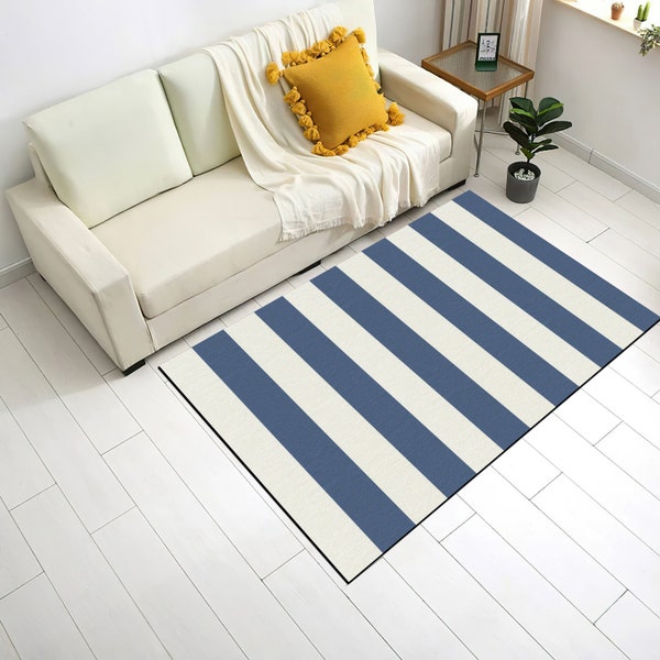 Striped Rug, Blue and Cream Striped Pattern Nonslip Area Rug, Geometric Design Rug, Round Rug for Living Room, Floor Rug, Aesthetic Rug