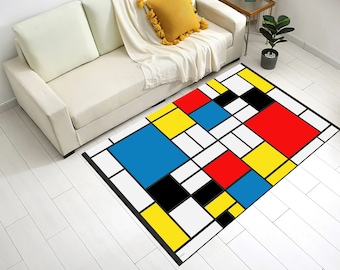 Piet Cornelies Mondrian Famous Art Rug, Abstract Pattern, Geometric Line Red Blue Yellow Composition Carpet, Picasso Painting Floor Doormat