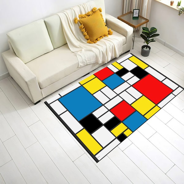 Alfombra de arte famosa de Piet Cornelies Mondrian, patrón abstracto, línea geométrica, alfombra de composición roja, azul y amarilla, felpudo de suelo con pintura de Picasso