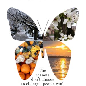 May include: A butterfly-shaped image with four different seasons represented in each wing. The top left wing shows a snowy winter scene, the top right wing shows a spring scene with blooming white flowers, the bottom left wing shows a fall scene with pumpkins and gourds, and the bottom right wing shows a summer scene with a sunset over a lake. The text "The seasons don't choose to change... people can!" is written below the butterfly. The text "TONY WEAVER" is written below the text.
