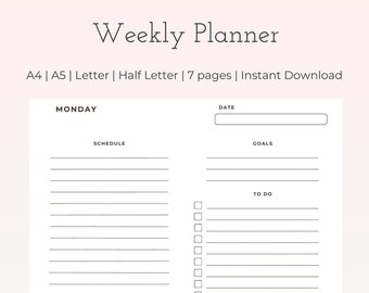 Weekly Planner Printable, Weekly To Do List, Weekly Agenda, Undated Weekly Planner Pages, Instant Download, A4/A5/Letter/Half Letter Size