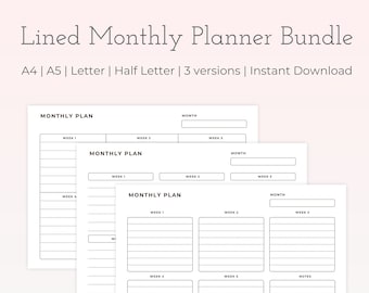 Printable Monthly Planner Lined - A4, A5, Letter, Half Letter - Landscape Minimalistic Design