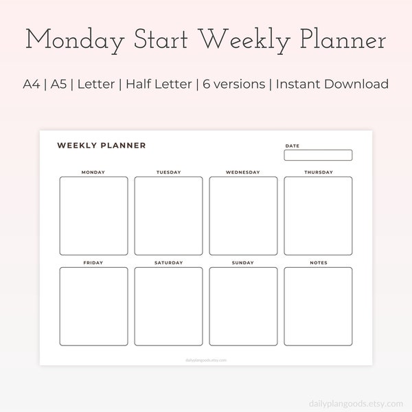 Monday Start Weekly Planner Printable, Digital Weekly Agenda Ipad, Undated Weekly Organizer, Weekly To Do List, A4/A5/Letter/Half Letter