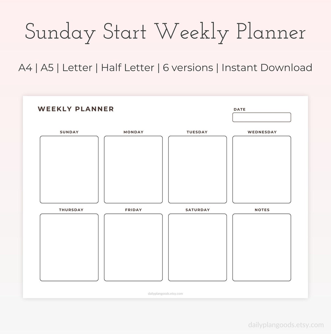 Sunday Start Weekly Planner Digital, Printable Weekly Agenda, Weekly to Do List Goodnotes, Week