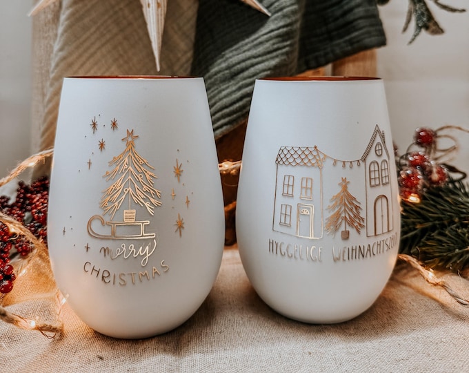 Christmas tealight holders – Hygge Christmas time & Merry Christmas, glass lanterns with gold motif, Christmas decoration gift idea