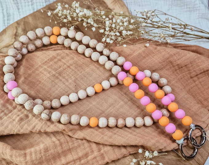 Pink and orange long phone chain/strap made of beech wood beads and silicone beads – minimalist crossbody necklace for your phone