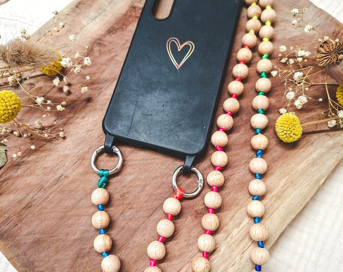 Mobile phone chain made of wooden beads with rainbow knots – Colorful smartphone chain to hang around your neck