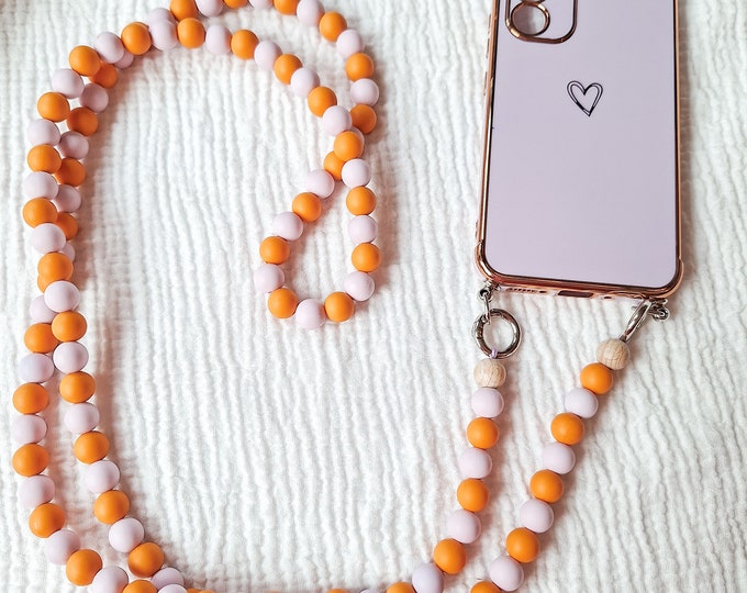 Phone chain made of silicone beads in purple and orange with two hooks for all models, without a case, in various lengths.
