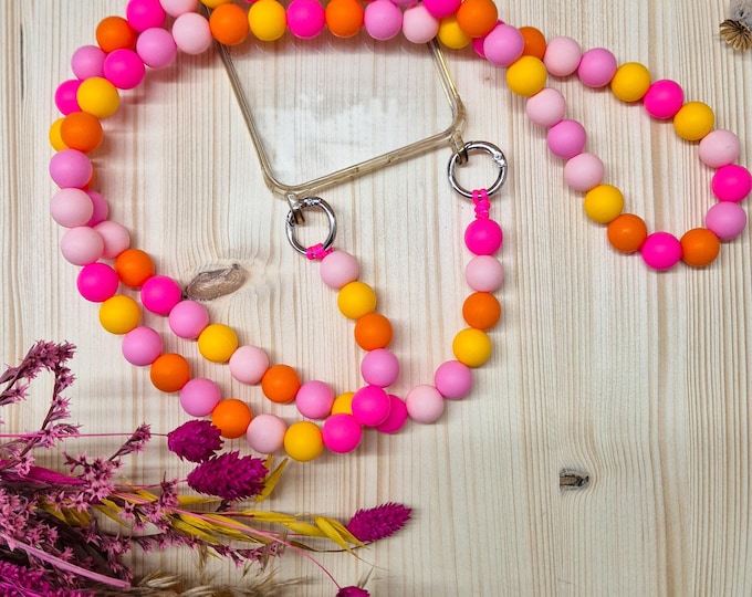 Colorful beaded cell phone chain – cell phone strap to hang around your neck | Smartphone necklace pink orange yellow | Crossbody phone strap