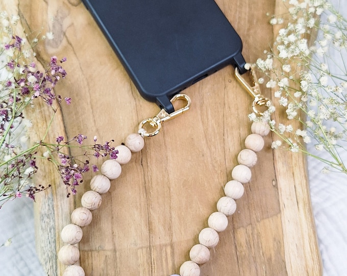 Short phone chain made of natural wood beads with colored accents and various clips – individually selectable