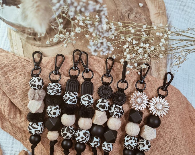 Keychain Animal Print, Leo Print, Silicone Beads, Wooden Beads, Best Friends, Engraved Beads, Black Keychain,
