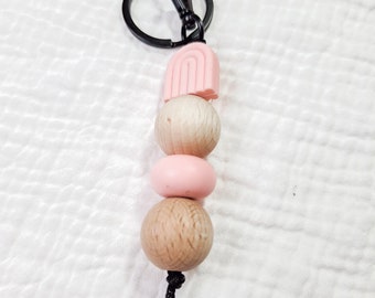 Keychain with pink rainbow, silicone beads and wooden balls Best Friends, black nylon strap, black ring and carabiner