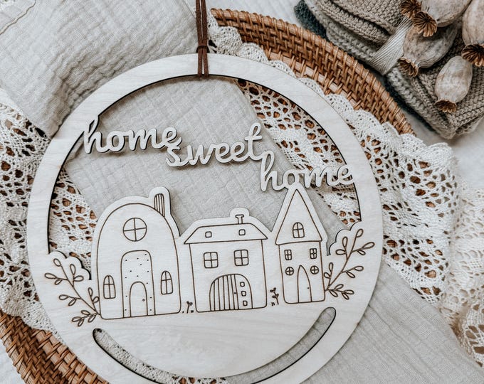 Wooden door wreath "Home Sweet Home" – Boho wooden welcome sign, Scandinavian front door decoration, housewarming gift, handmade wall decoration