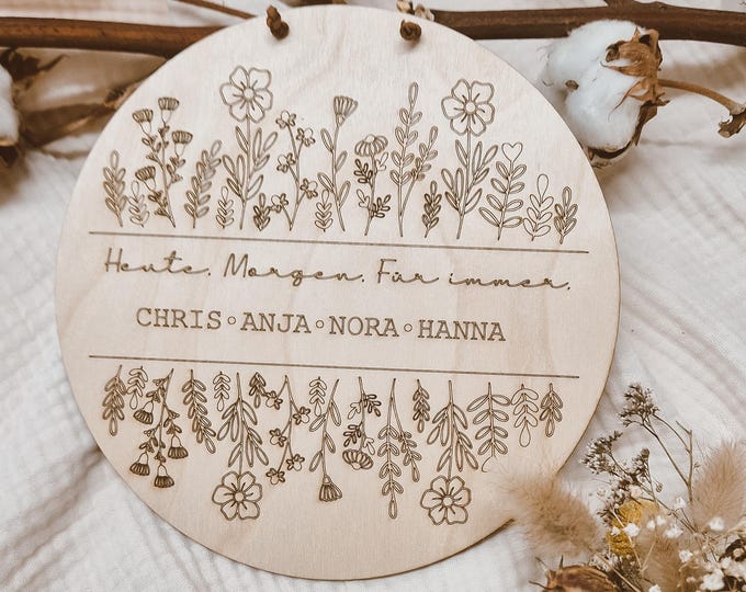 Personalized wood engraving "Today. Tomorrow. Forever." | Family wooden sign | Gift for weddings, birthdays or housewarmings, nameplate