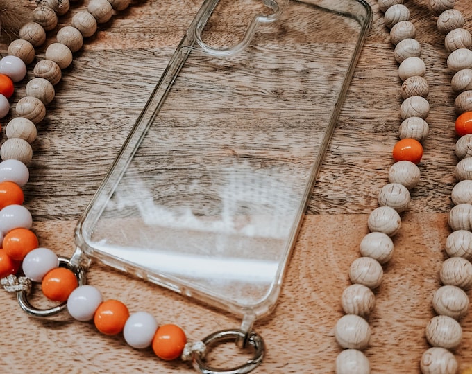 Mobile phone chain/mobile phone strap pink orange long made of beech wooden beads to hang around your neck – minimalism crossbody chain for your mobile phone