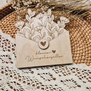 Geldgeschenk Wunscherfüller Briefumschlag für Geldgeschenk - Holzkarte im Umschlag mit Blumenmotiv - Geschenk für besondere Anlässe