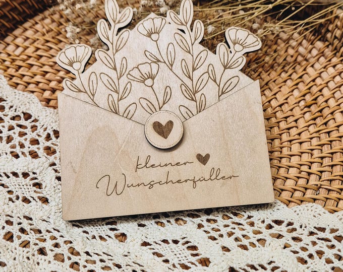 Money Gift Wish Fulfiller Envelope for Money Gift - Wooden Card in Envelope with Flower Motif - Gift for Special Occasions