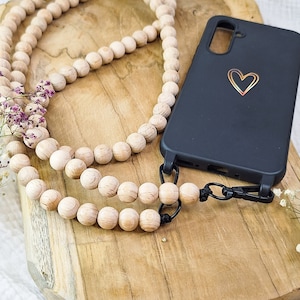 Mobile phone chain/mobile phone strap long made of beech wooden beads to hang around your neck – minimalism meets functionality Crossbody chain for your mobile phone