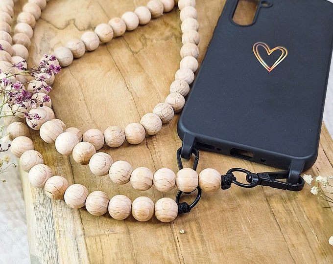 Mobile phone chain/mobile phone strap long made of beech wooden beads to hang around your neck – minimalism meets functionality Crossbody chain for your mobile phone