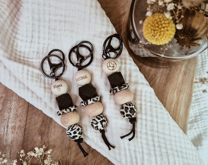 Keychain Animal Print, Leo Print, Silicone Beads, Wooden Beads, Best Friends, Engraved Beads, Black Keychain,