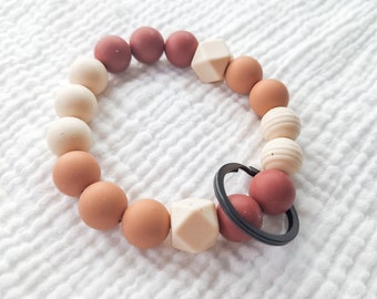 Handmade bracelet keychain with silicone beads and wooden beads with key ring