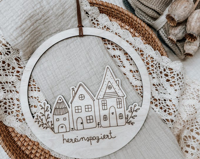 Wooden door wreath “Come in” – wooden welcome sign, boho front door decoration, Scandinavian house decoration, housewarming gift