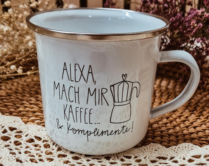 Enamel mug with saying – 'Alexa, make me coffee & compliments!' – Funny gift idea, mug