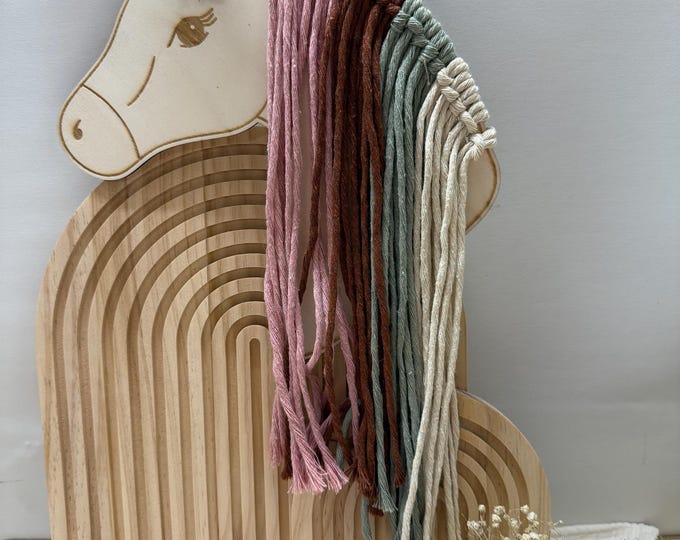 Hair clip holder unicorn & horse made of wood, personalized and handmade, with woolly mane and bow with name engraving