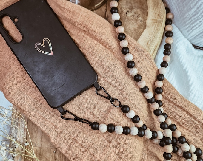Mobile phone chain/ mobile phone strap long made of beech wooden beads to hang around your neck – minimalism meets functionality Crossbody chain for your mobile phone/ without case