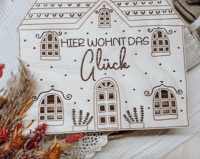 Happiness lives here wooden house | cozy light decoration for your home | warm wooden decorative house for autumn & Christmas | symbol of security