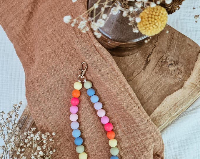 Short mobile phone chain with colorful silicone beads with carabiner, rainbow silicone beads