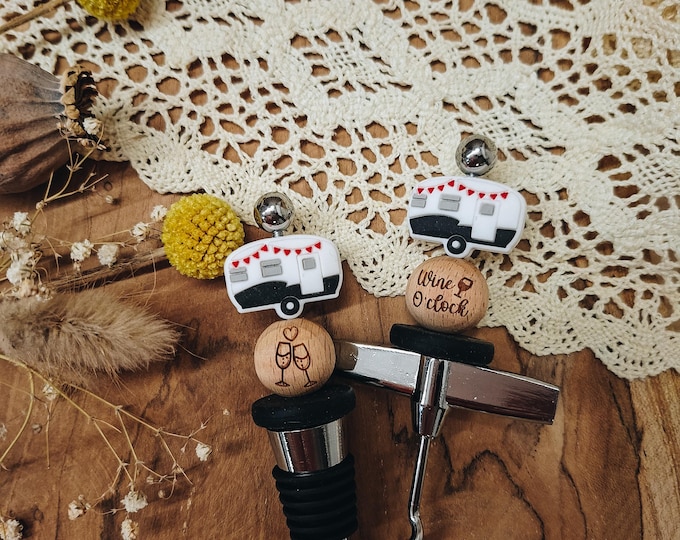 Wine bottle stopper & corkscrew with camper motif – gift for camping fans and wine lovers
