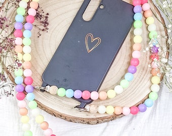 Mobile phone chain made of acrylic beads in rainbow colors with two rakes for all models, without case in different lengths