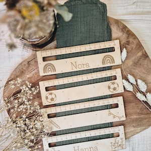 Wooden ruler & reading aid for children – Montessori ruler with engraving | Back to school gift | Ruler with reading groove | Football, pencil, garland
