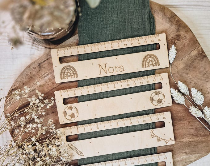 Wooden ruler & reading aid for children – Montessori ruler with engraving | Back to school gift | Ruler with reading groove | Football, pencil, garland