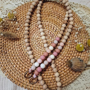Mobile phone chain/mobile phone strap pink long made of beech wooden beads silicone beads to hang around your neck – minimalism crossbody chain for your mobile phone