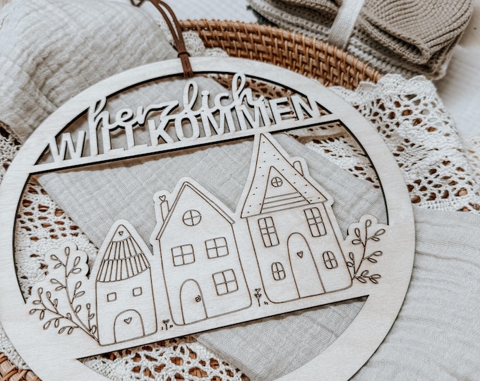 Wooden door wreath "Welcome" – wooden welcome sign, boho front door decoration, Scandinavian house decoration, housewarming gift