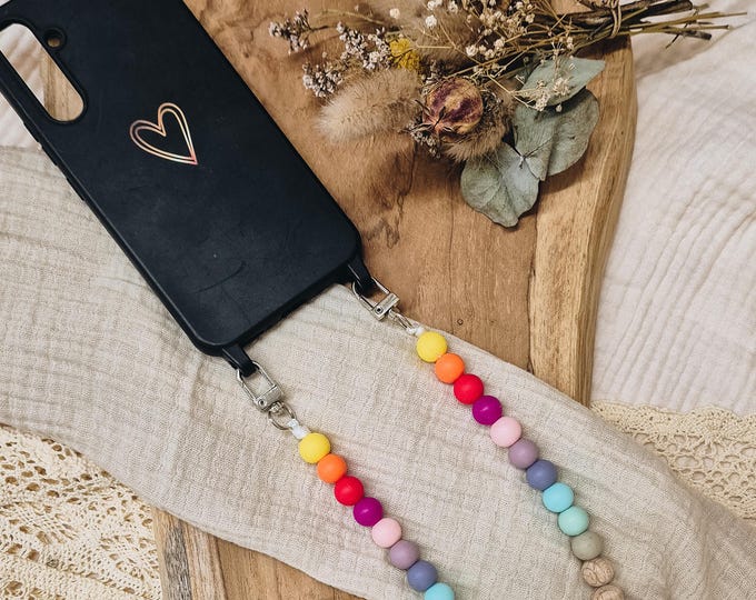 Short phone chain with colorful silicone and wooden beads with carabiner, rainbow silicone beads