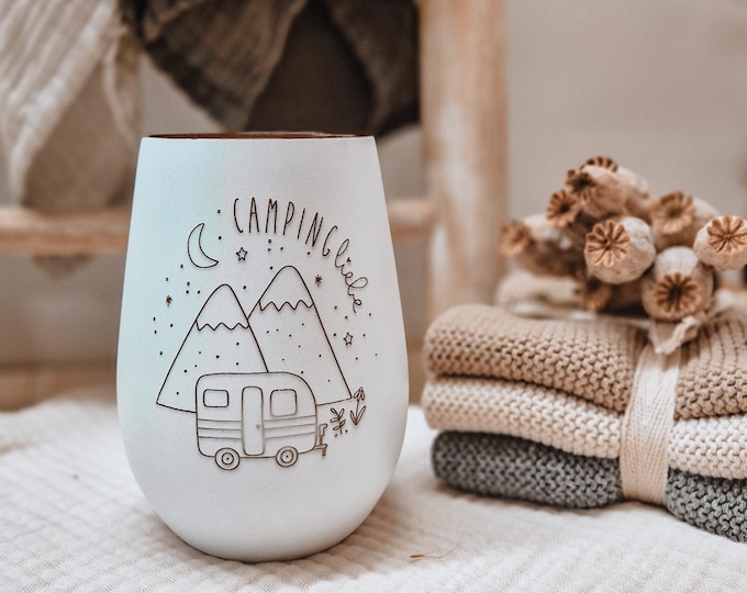 Camping lantern made of glass – 6 different designs with caravans, mountains & stars – decoration – gift idea for campers