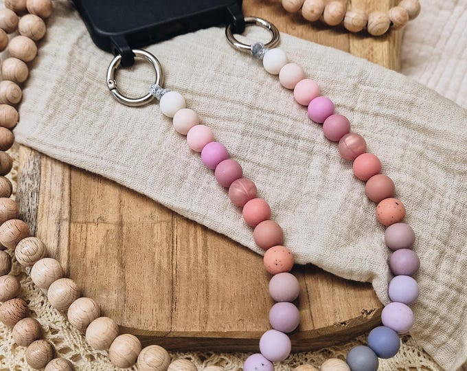 Phone chain with beechwood beads and rainbow silicone beads with round carabiner, without case