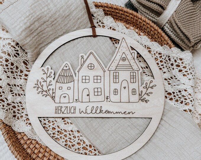 Wooden door wreath "Welcome" Boho welcome sign made of wood with little house, Scandinavian front door decoration, housewarming gift, wall decoration