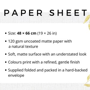 Paper sheet specifications showing 48 × 66 cm size and 120 gsm uncoated matte finish details.