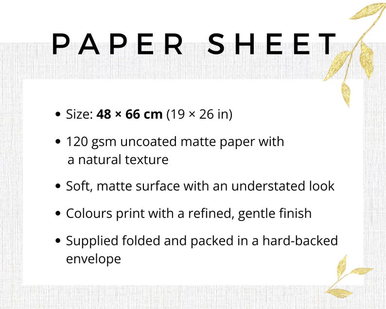 Paper sheet specifications showing 48 × 66 cm size and 120 gsm uncoated matte finish details.